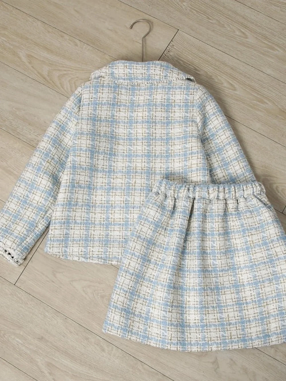 Girls' Cream & Light Blue Plaid Tweed Jacket and Skirt Set